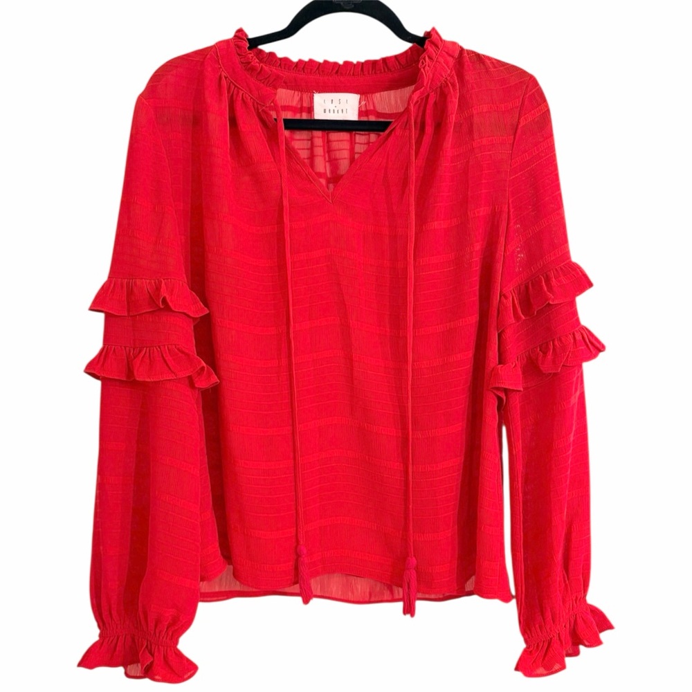Lost + Wander Red Sheer Blouse, Ruffle Long Sleeves, Dressy Top Party Shirt Work